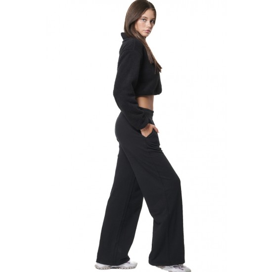 BODY ACTION WIDE LEG SWEATPANTS 021447 01 ΜΑΥΡΟ 